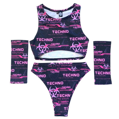 PINK TECHNO | High Waisted High Cut Bottoms, Festival Bottoms, Rave Bottoms, Black Rave Outfit