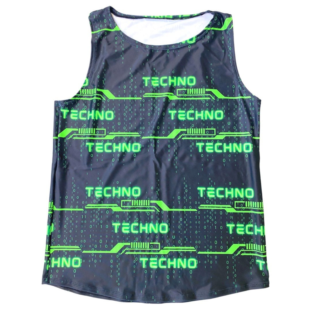 GREEN TECHNO | Slim Fit Men's Rave Tank Top, Festival Shirt