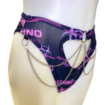 PINK TECHNO | High Waisted High Cut Chain Bottoms wit cut out, Festival Bottoms, Rave Bottoms, Black Rave Outfit