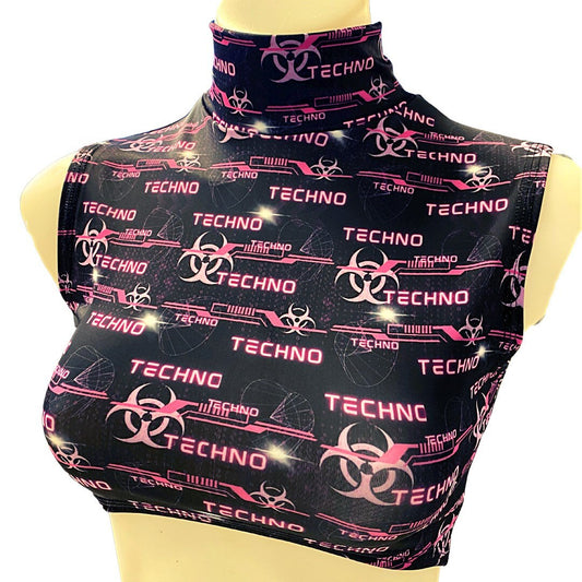 PINK TECHNO | Underboob Mock Neck Crop Top Sleeveless , Women's Festival Top, Rave Top