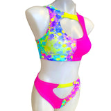 NEON BURST | Tri Color | Sporty Crop Top + High Waisted High Cut Bottoms with Cut Out , Women's Festival Outfit, Rave Set