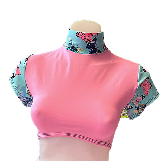 PINK BUTTERFLY | Underboob Mock Neck Crop Top, Women's Festival Top, Rave Top