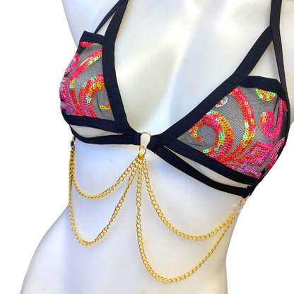 READY TO SHIP | Sequin Cage Top, Festival Top, Rave Top with Chain