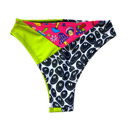 TRI COLOR | Mushroom Smiley | Ready to Ship | High Waisted High Cut Bottoms, Festival Bottoms, Rave Bottoms, Rainbow Rave Outfit