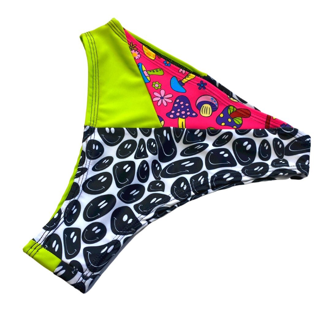 TRI COLOR | Mushroom Smiley | Ready to Ship | High Waisted High Cut Bottoms, Festival Bottoms, Rave Bottoms, Rainbow Rave Outfit