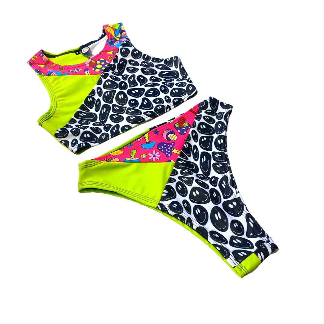TRI COLOR | Mushroom Smiley | Ready to Ship | High Waisted High Cut Bottoms, Festival Bottoms, Rave Bottoms, Rainbow Rave Outfit