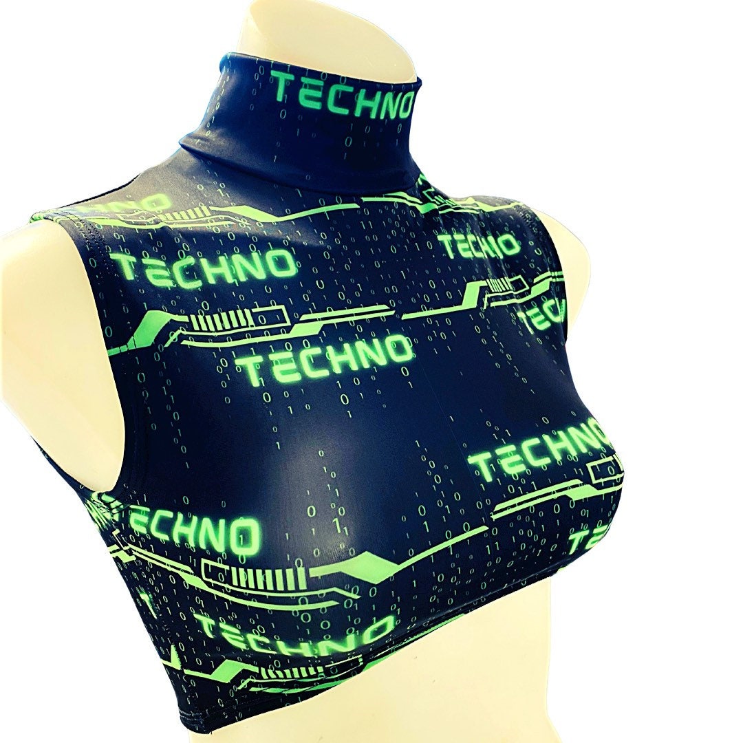 GREEN TECHNO | Underboob Mock Neck Crop Top Sleeveless , Women's Festival Top, Rave Top