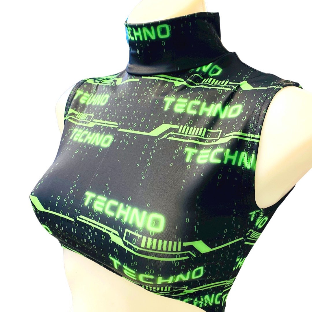 GREEN TECHNO | Underboob Mock Neck Crop Top Sleeveless , Women's Festival Top, Rave Top