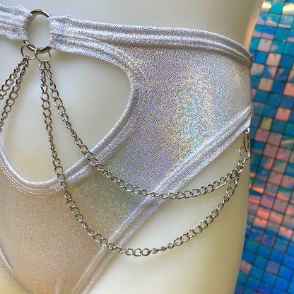 COSMIC | High Waisted High Cut Chain Bottoms wit cut out, Festival Bottoms, Rave Bottoms, Black Rave Outfit