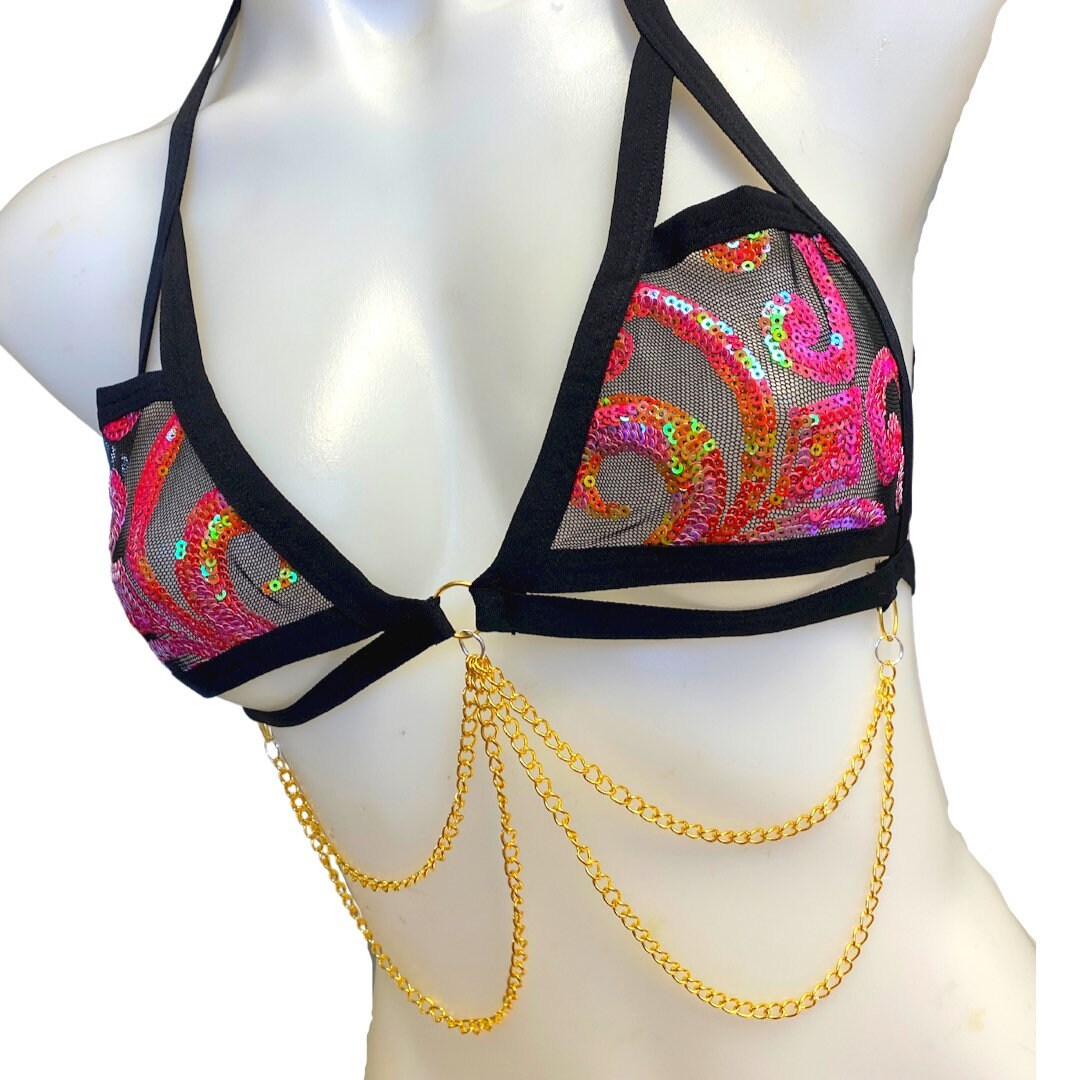 READY TO SHIP | Sequin Cage Top, Festival Top, Rave Top with Chain