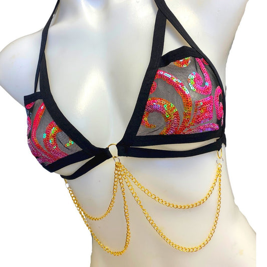 READY TO SHIP | Sequin Cage Top, Festival Top, Rave Top with Chain