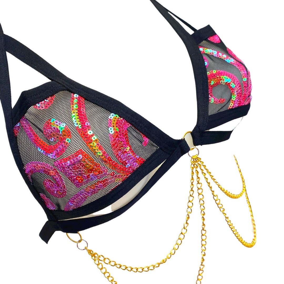 READY TO SHIP | Sequin Cage Top, Festival Top, Rave Top with Chain