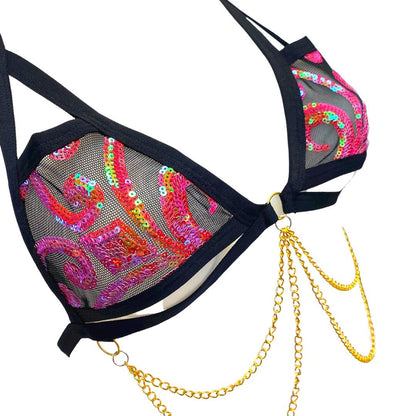 READY TO SHIP | Sequin Cage Top, Festival Top, Rave Top with Chain