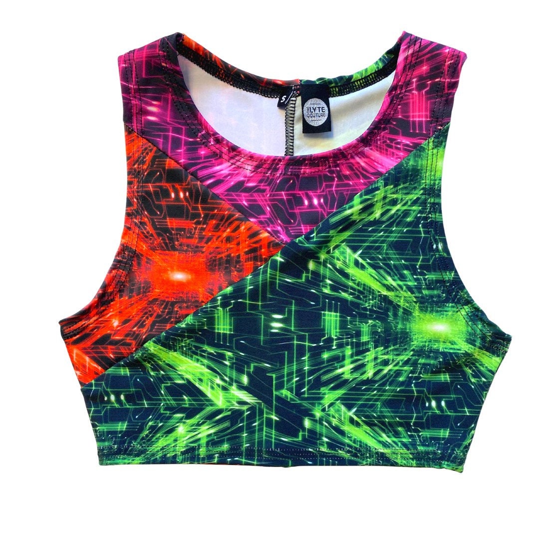 TRI COLOR| Cyber Grid | Ready To Ship | Limited Edition Sporty Crop Top, Women's Festival Top, Rave Top