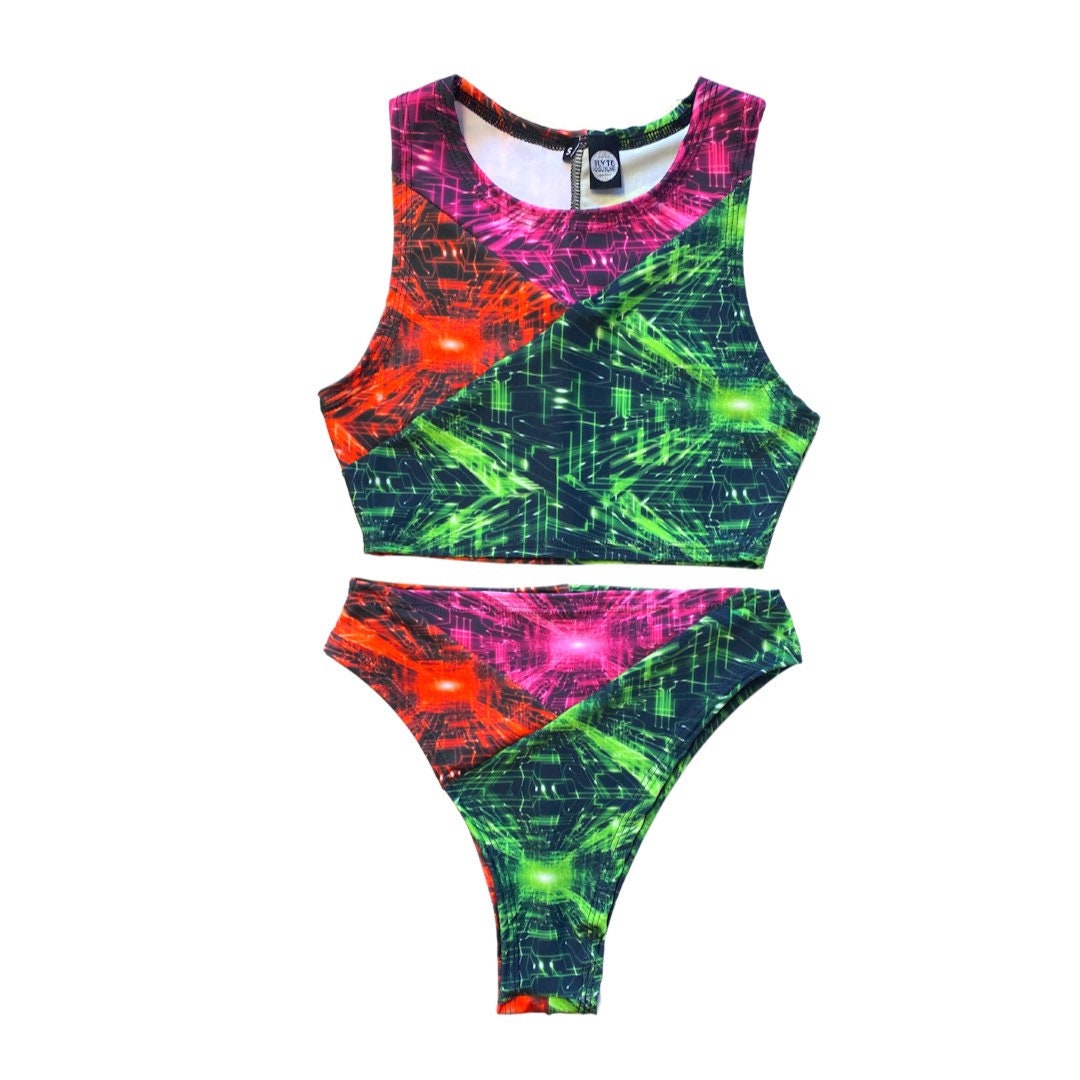 TRI COLOR| Cyber Grid | Ready To Ship | Limited Edition Sporty Crop Top, Women's Festival Top, Rave Top