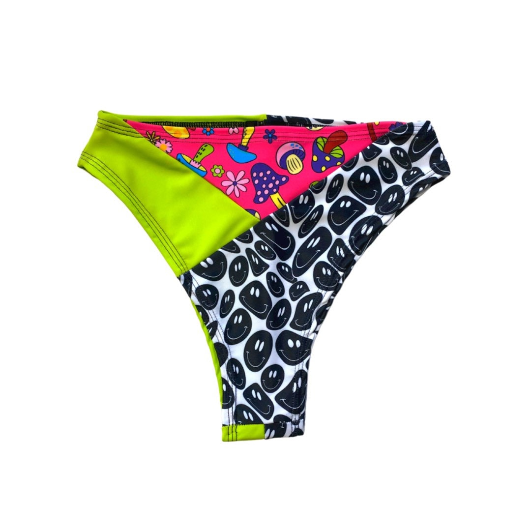 TRI COLOR | Mushroom Smiley | Ready to Ship | High Waisted High Cut Bottoms, Festival Bottoms, Rave Bottoms, Rainbow Rave Outfit