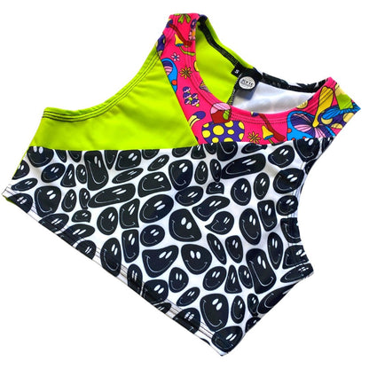 TRI COLOR| Mushroom Smiley | Ready To Ship | Limited Edition Sporty Crop Top, Women's Festival Top, Rave Top