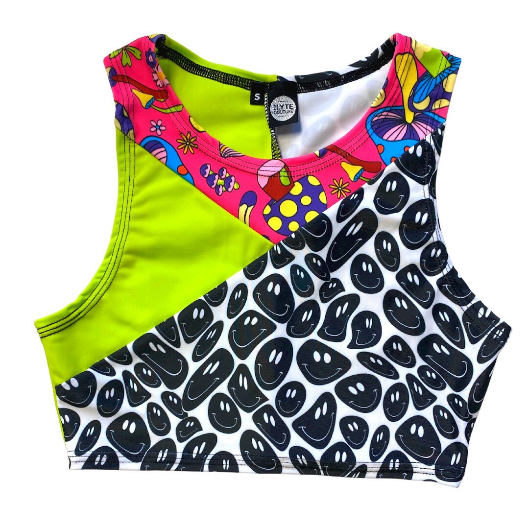 TRI COLOR| Mushroom Smiley | Ready To Ship | Limited Edition Sporty Crop Top, Women's Festival Top, Rave Top