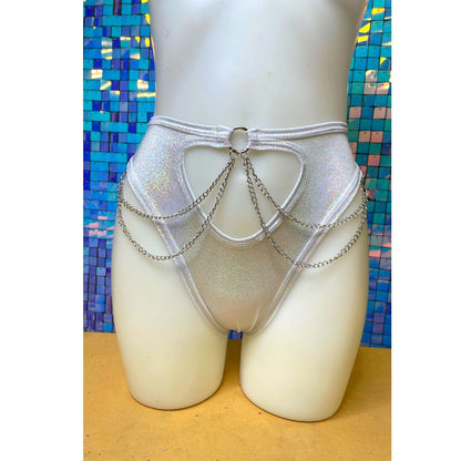 COSMIC | High Waisted High Cut Chain Bottoms wit cut out, Festival Bottoms, Rave Bottoms, Black Rave Outfit