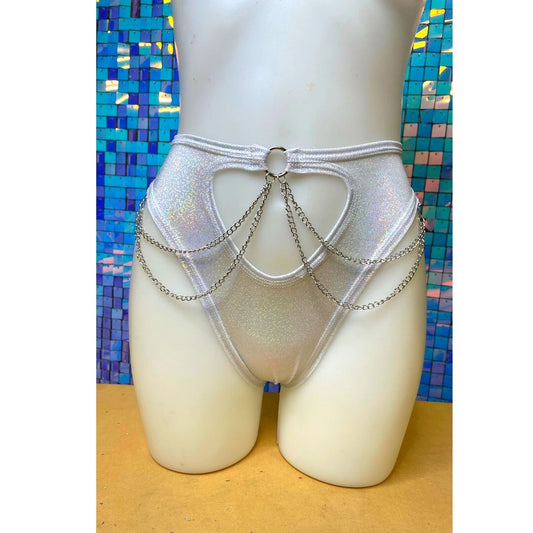 COSMIC | High Waisted High Cut Chain Bottoms wit cut out, Festival Bottoms, Rave Bottoms, Black Rave Outfit