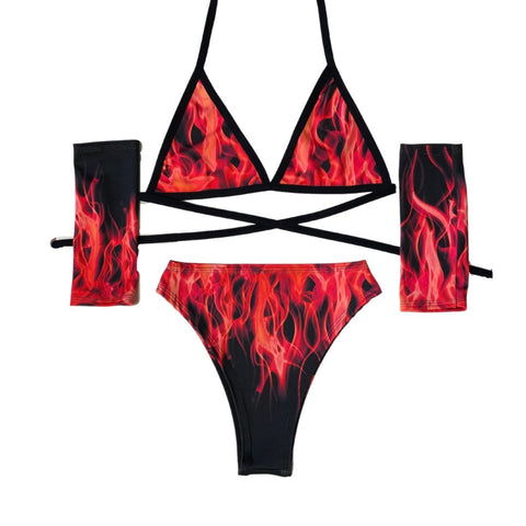 BURN BABY | Triangle Top + High Waisted High Cut Bottoms + Gloves, Women's Festival Outfit, Rave Set