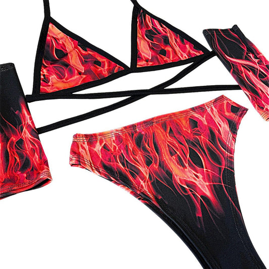 BURN BABY | Triangle Top + High Waisted High Cut Bottoms + Gloves, Women's Festival Outfit, Rave Set