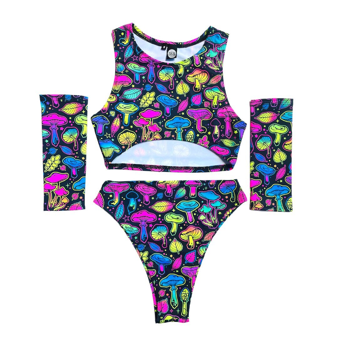 ELECTRIC MUSHROOM | High Waisted High Cut Bottoms, Festival Bottoms, Rave Bottoms, Black Rave Outfit