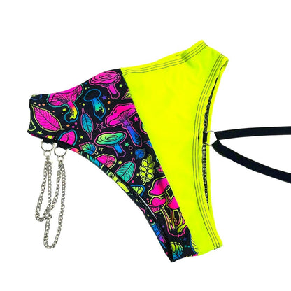 ELECTRIC MUSHROOM | High Waisted High Cut Chain Bottoms with Leg Wrap, Festival Bottoms, Rave Bottoms, Black Rave Outfit