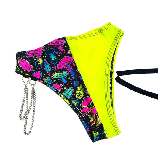 ELECTRIC MUSHROOM | High Waisted High Cut Chain Bottoms with Leg Wrap, Festival Bottoms, Rave Bottoms, Black Rave Outfit