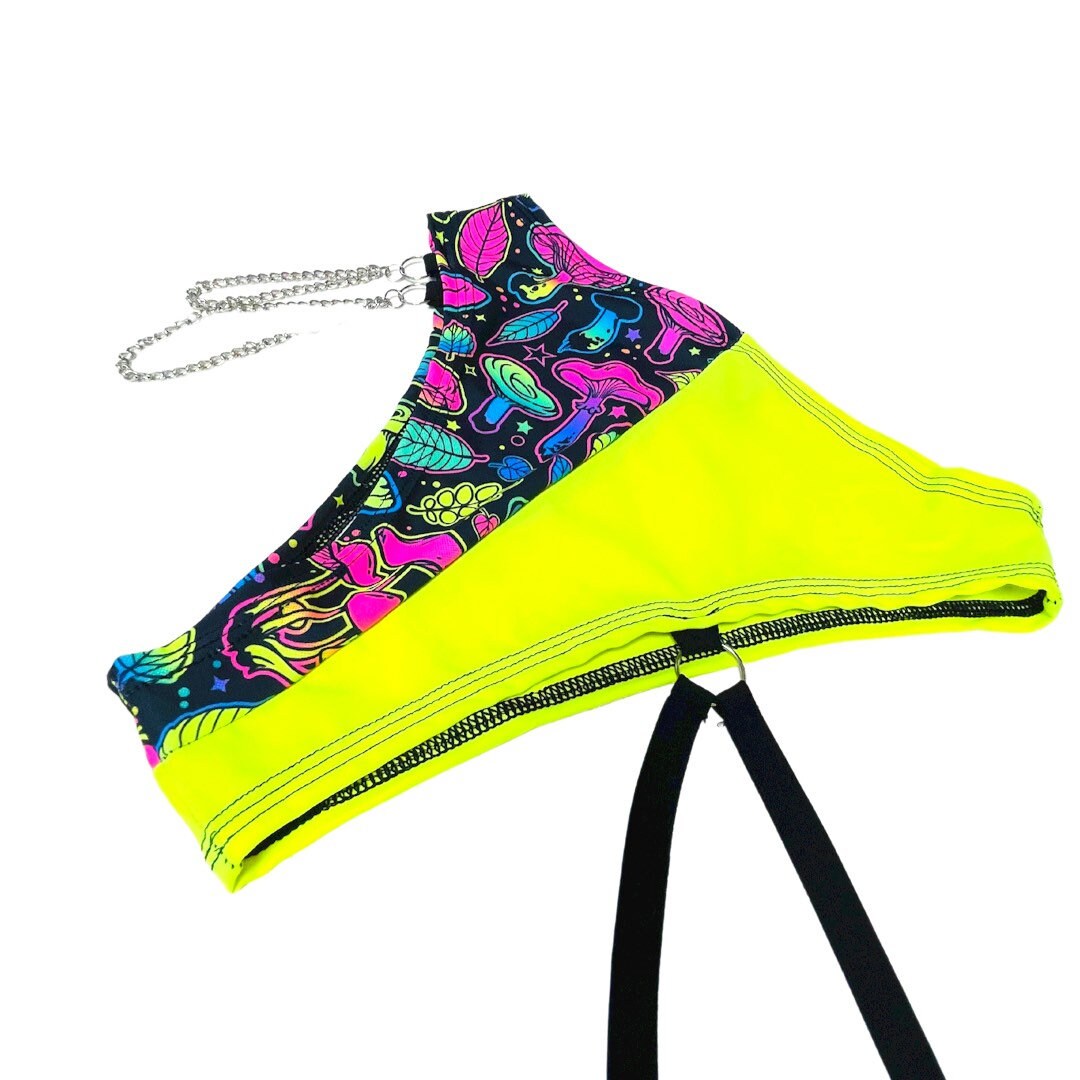 ELECTRIC MUSHROOM | High Waisted High Cut Chain Bottoms with Leg Wrap, Festival Bottoms, Rave Bottoms, Black Rave Outfit
