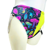 ELECTRIC MUSHROOM | High Waisted High Cut Chain Bottoms with Leg Wrap, Festival Bottoms, Rave Bottoms, Black Rave Outfit