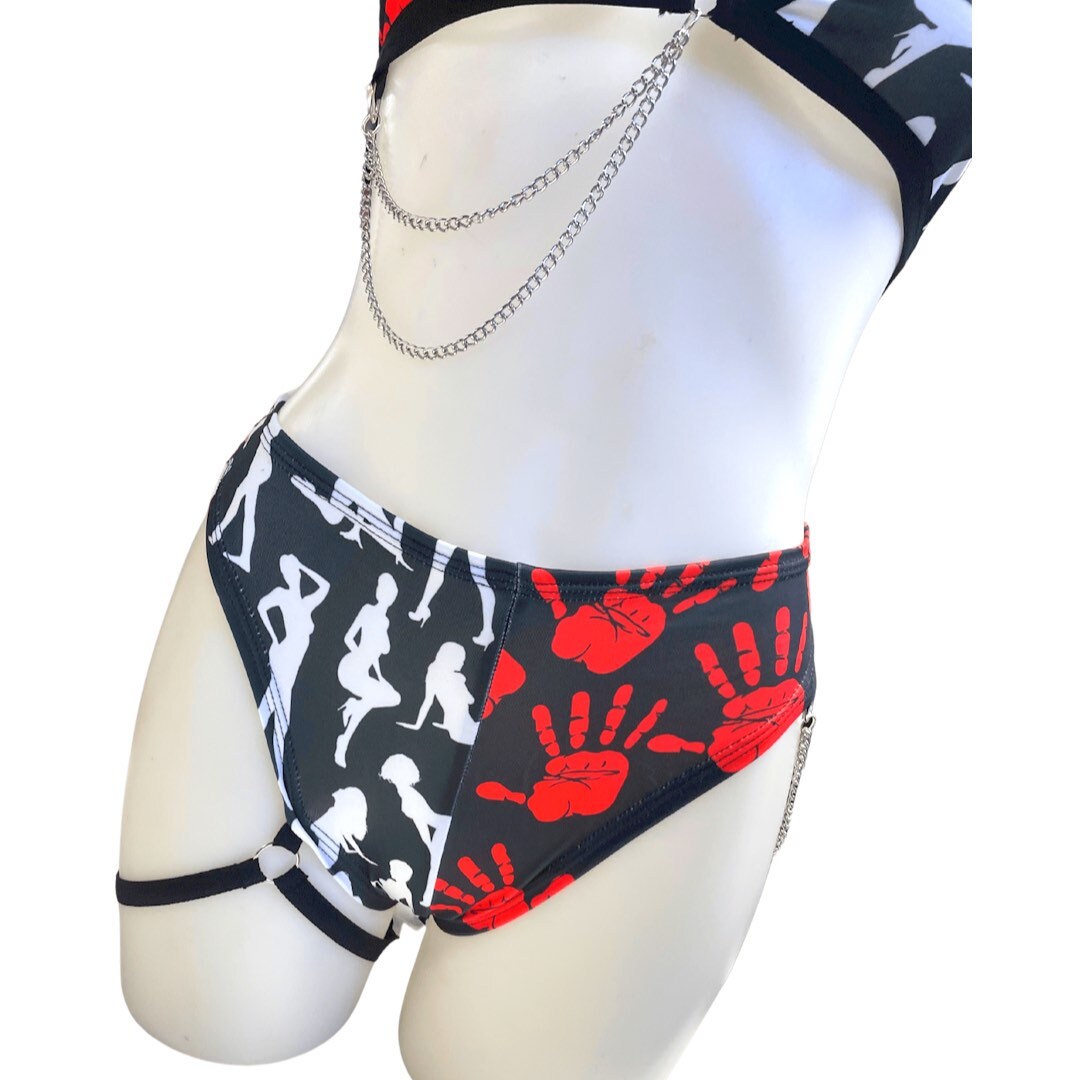 DONT Touch Me | Mismatch Triangle Chain Top + High Waisted High Cut Chain Bottoms with Leg Wrap, Women's Festival Outfit, Rave Set