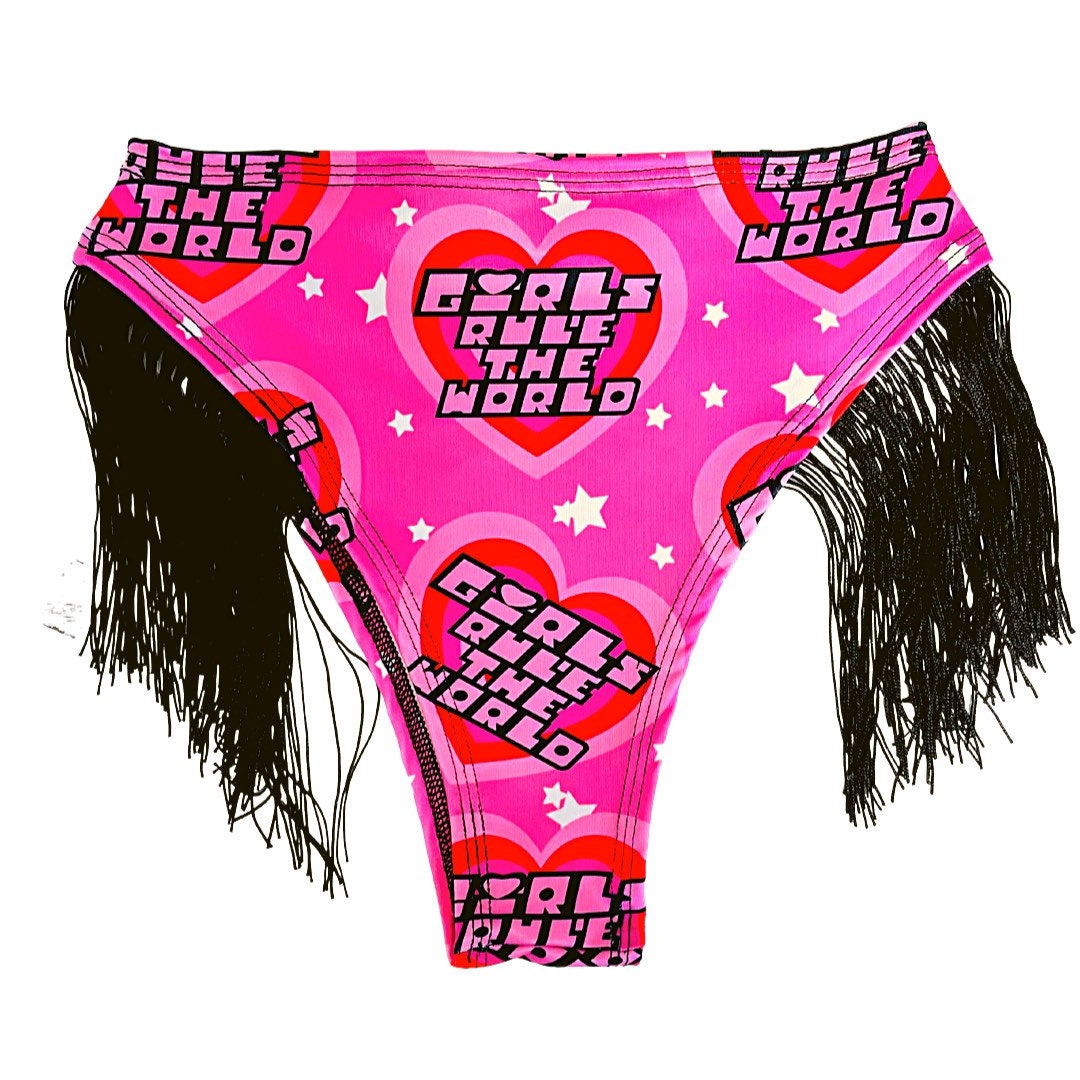 GIRLS RULE | Fringe High Waisted High Cut Bottoms, Festival Bottoms, Rave Bottoms, Black Rave Outfit