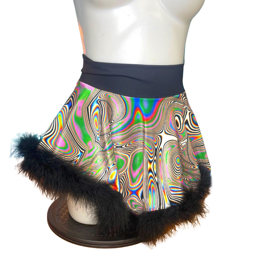 LUCID DREAMS | High Low Circle Skirt, Rave Skirt, Festival Bottom with Fluff Trim