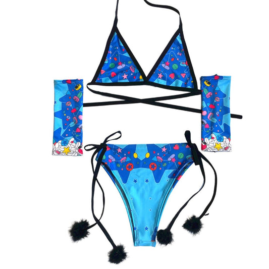 KANDI GIRL | Triangle Top + High Waisted High Cut Bow straps with Fluff Bottoms and matching Gloves Women's Festival Outfit, Rave Set