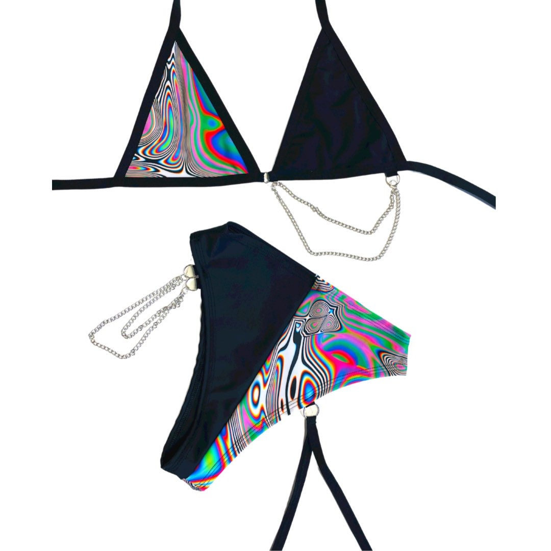 LUCID DREAMS | Mismatch Triangle Chain Top + High Waisted High Cut Chain Bottoms with Leg Wrap, Women's Festival Outfit, Rave Set
