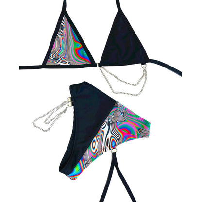 LUCID DREAMS | Mismatch Triangle Chain Top + High Waisted High Cut Chain Bottoms with Leg Wrap, Women's Festival Outfit, Rave Set