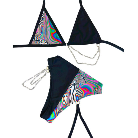 LUCID DREAMS | Mismatch Triangle Chain Top + High Waisted High Cut Chain Bottoms with Leg Wrap, Women's Festival Outfit, Rave Set