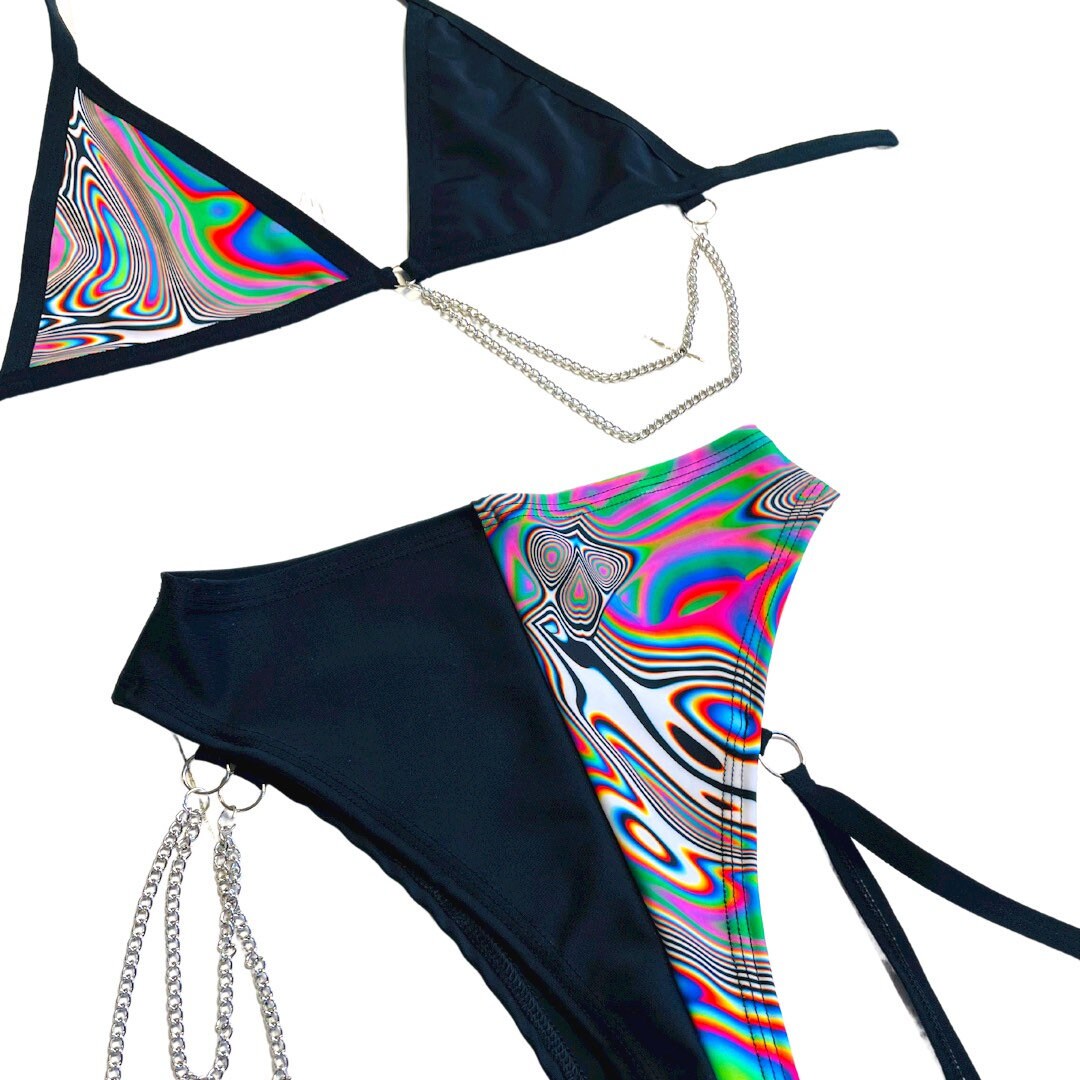 LUCID DREAMS | Mismatch Triangle Chain Top + High Waisted High Cut Chain Bottoms with Leg Wrap, Women's Festival Outfit, Rave Set