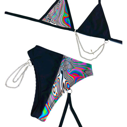 LUCID DREAMS | Mismatch Triangle Chain Top + High Waisted High Cut Chain Bottoms with Leg Wrap, Women's Festival Outfit, Rave Set