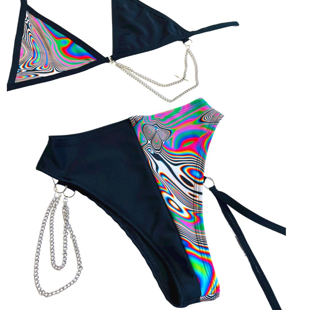 LUCID DREAMS | Mismatch Triangle Chain Top + High Waisted High Cut Chain Bottoms with Leg Wrap, Women's Festival Outfit, Rave Set