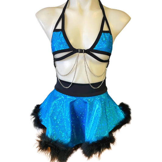 ALICE BLUE | High Low Circle Skirt, Rave Skirt, Festival Bottom with Fluff Trim