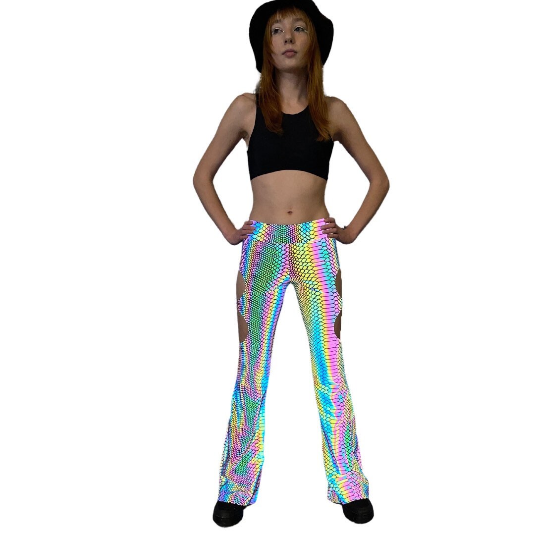 SLITHER FLARES| Cut Out Reflective Flare Bell Bottom Pants, Festival Bottoms, Rave Pants, Yoga Pants