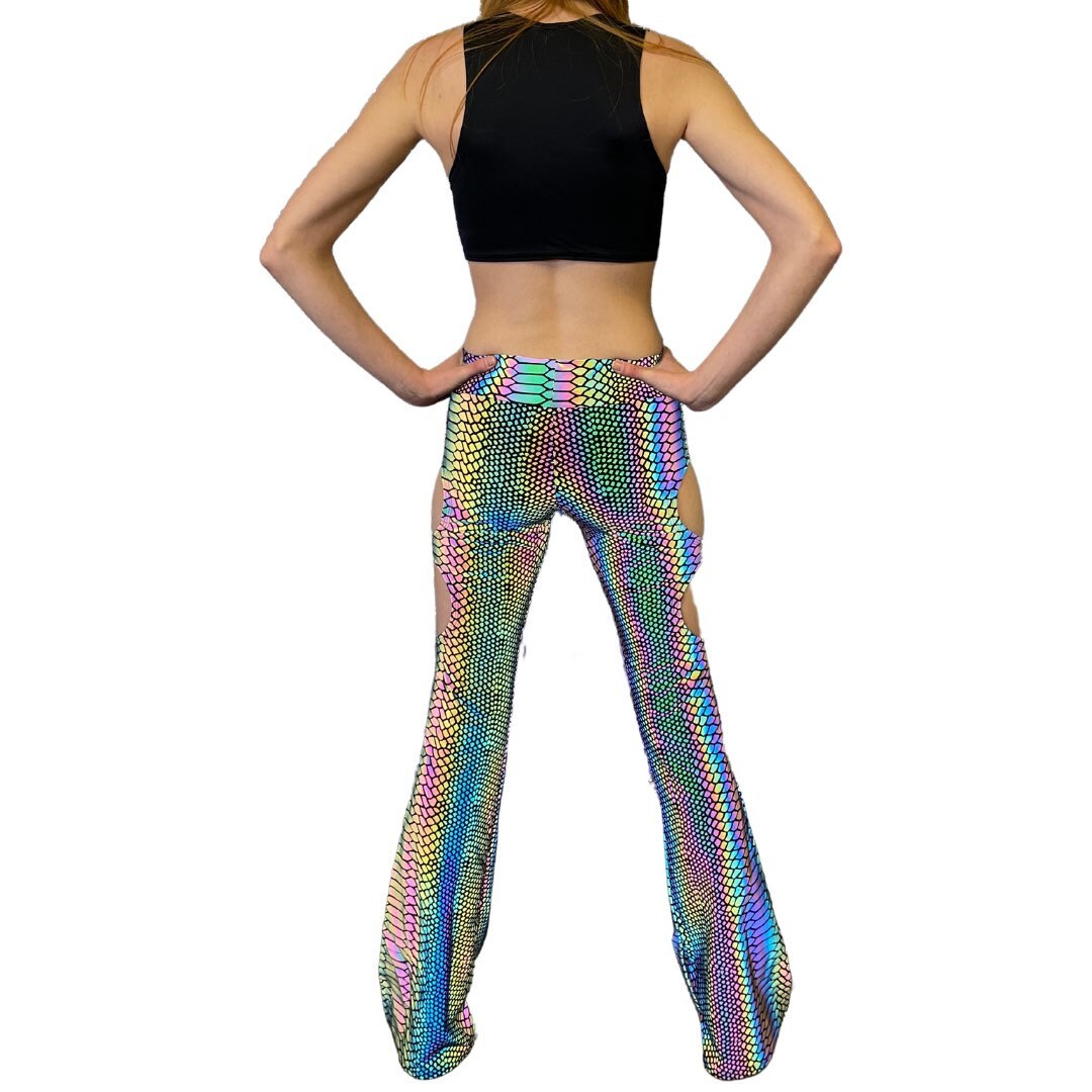 SLITHER FLARES| Cut Out Reflective Flare Bell Bottom Pants, Festival Bottoms, Rave Pants, Yoga Pants