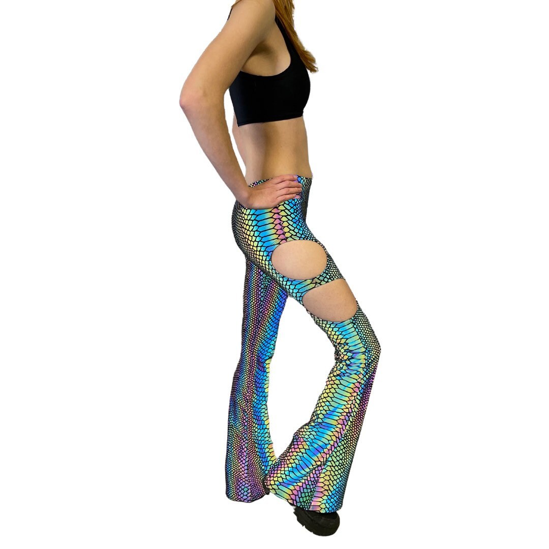 SLITHER FLARES| Cut Out Reflective Flare Bell Bottom Pants, Festival Bottoms, Rave Pants, Yoga Pants