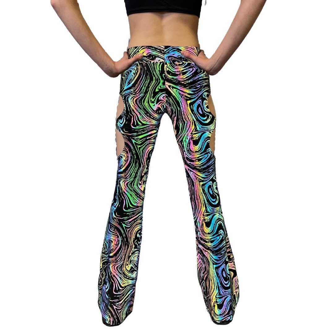 OIL SPILL FLARES| Cut Out Reflective Flare Bell Bottom Pants, Festival Bottoms, Rave Pants, Yoga Pants