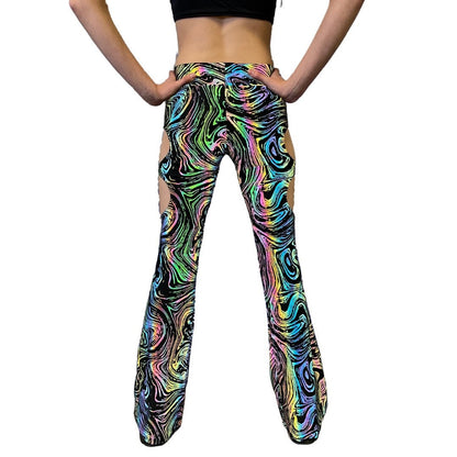 OIL SPILL FLARES| Cut Out Reflective Flare Bell Bottom Pants, Festival Bottoms, Rave Pants, Yoga Pants