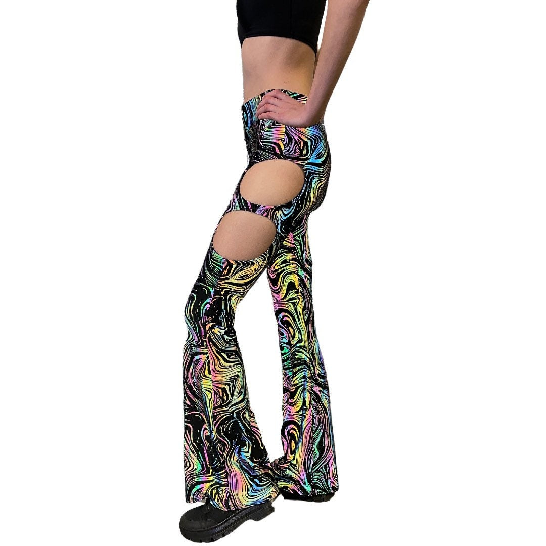 OIL SPILL FLARES| Cut Out Reflective Flare Bell Bottom Pants, Festival Bottoms, Rave Pants, Yoga Pants