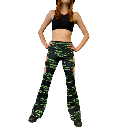 GREEN TECHNO | Cut Out Flare Bell Bottom Pants, Festival Bottoms, Rave Pants, Yoga Pants