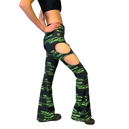 GREEN TECHNO | Cut Out Flare Bell Bottom Pants, Festival Bottoms, Rave Pants, Yoga Pants